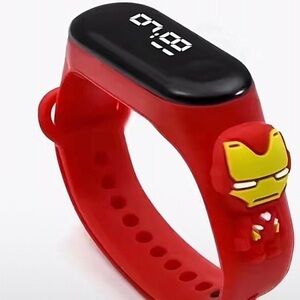 New Kids Blue Silicone Digital Watch with Iron Man Hero Charm